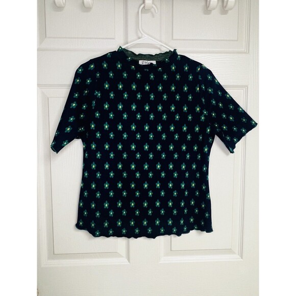 Polagram Navy and Green Daisy Womens Short Sleeve Sweater Medium Raw Hem - Picture 1 of 6